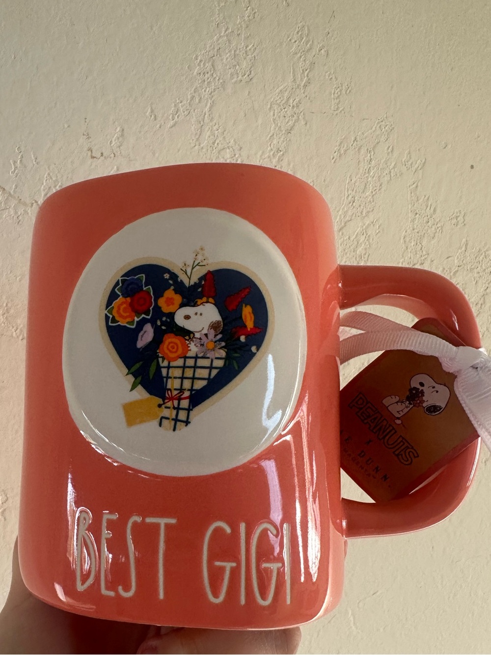 Rae Dunn Coral 'Best Gigi' Ceramic Mug with Snoopy Heart Art